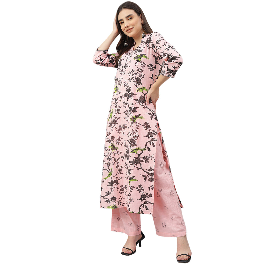Idalia Baby Pink Printed Kurta With Cotton Palazzo Pants