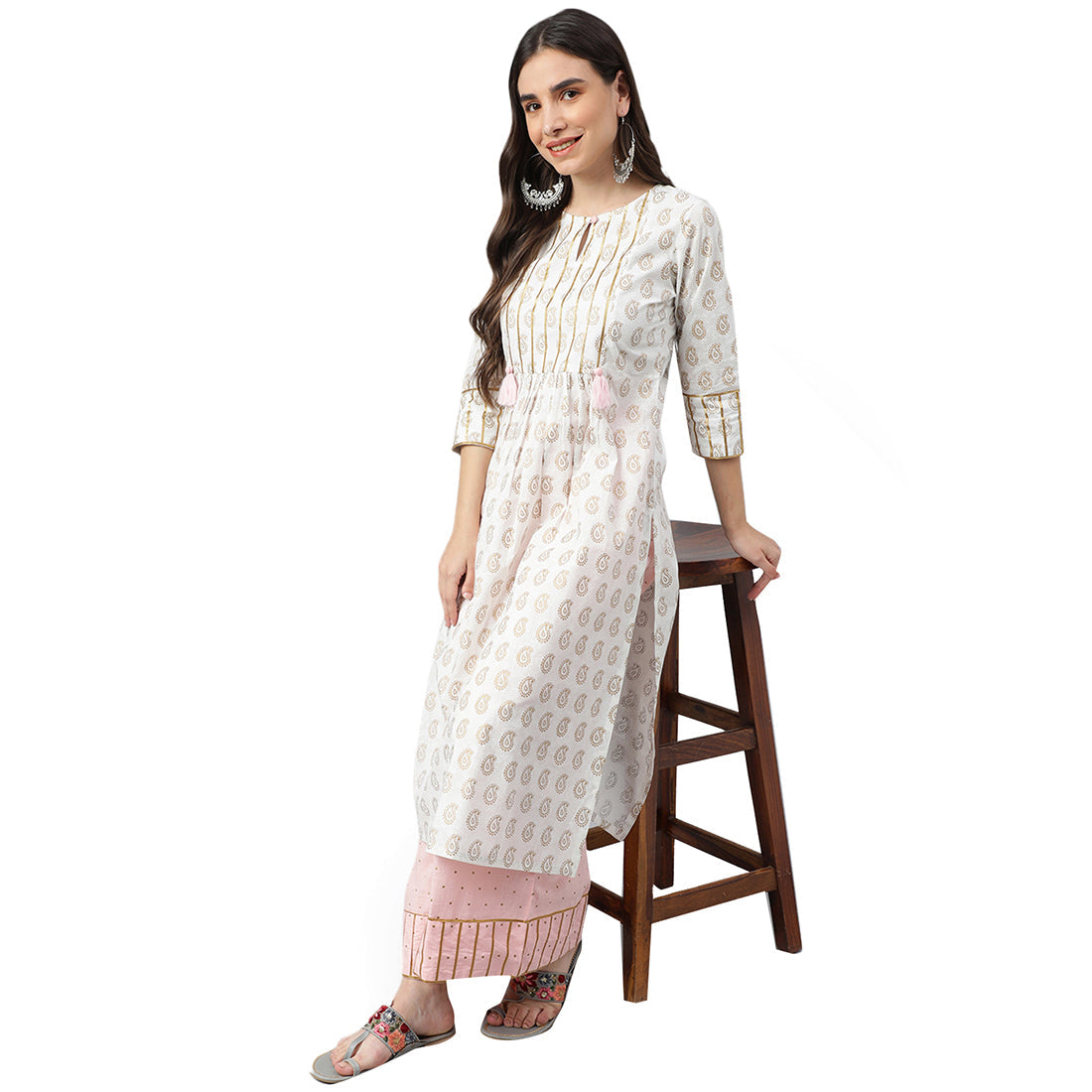 Idalia White Gold Print Kurta With Baby Pink Printed Cotton Palazzo