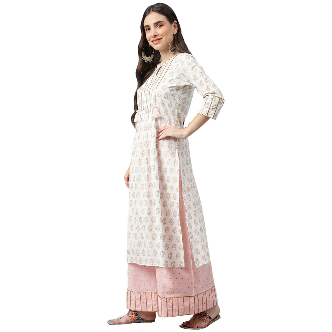 Idalia White Gold Print Kurta With Baby Pink Printed Cotton Palazzo