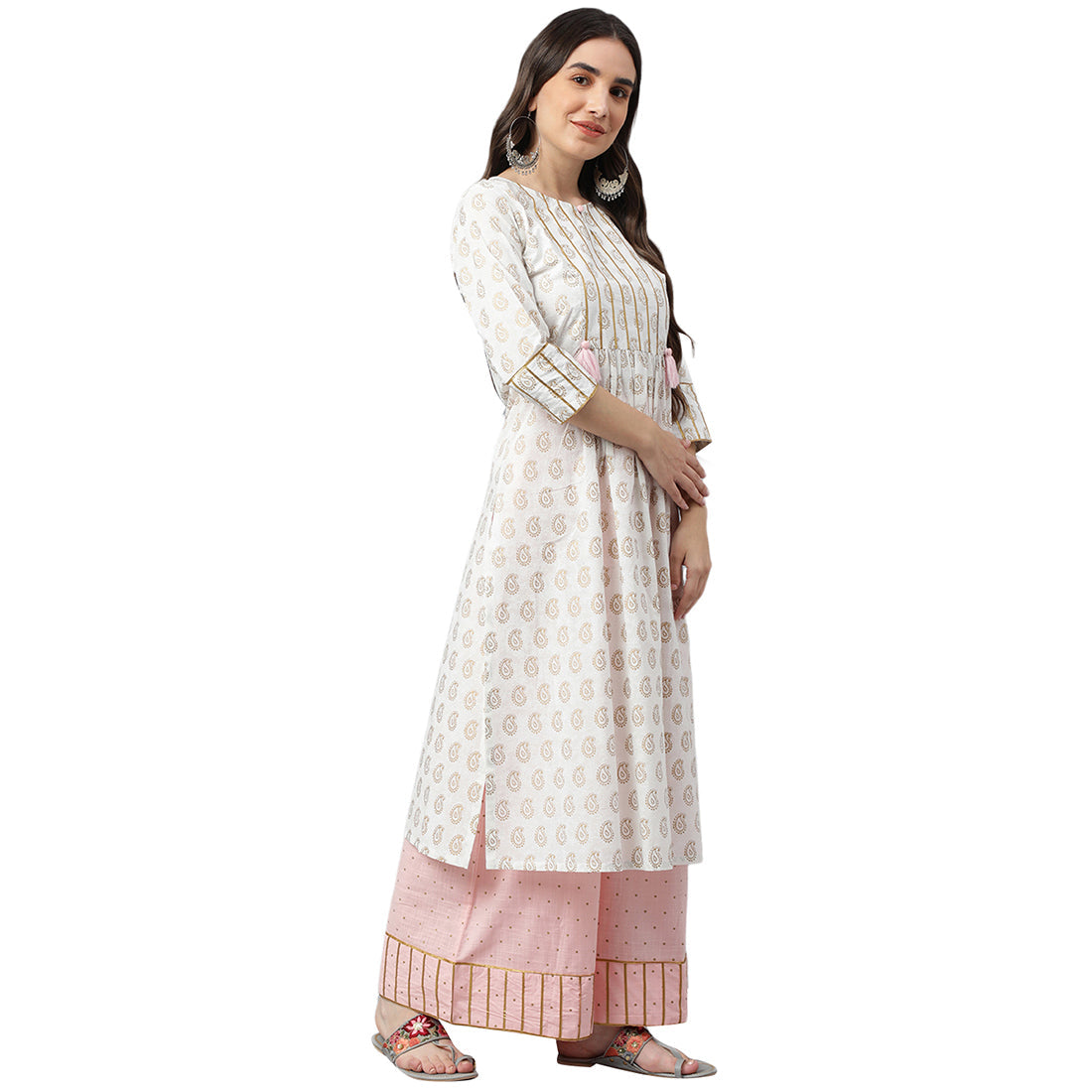 Idalia White Gold Print Kurta With Baby Pink Printed Cotton Palazzo