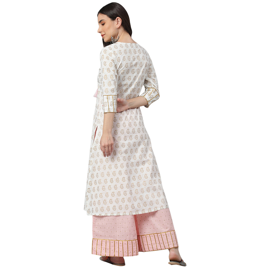 Idalia White Gold Print Kurta With Baby Pink Printed Cotton Palazzo