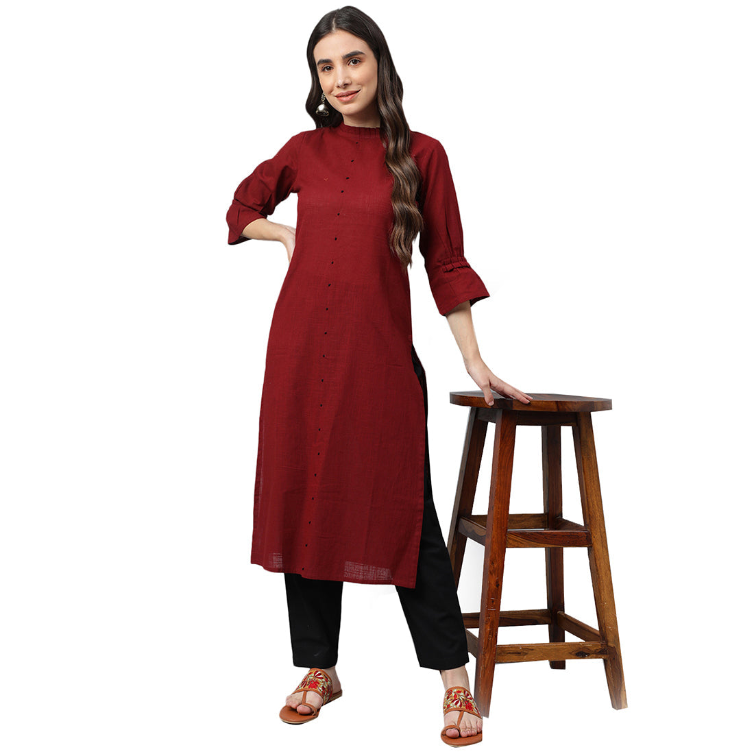Idalia Maroon Straight Cotton Kurta with Black Pants