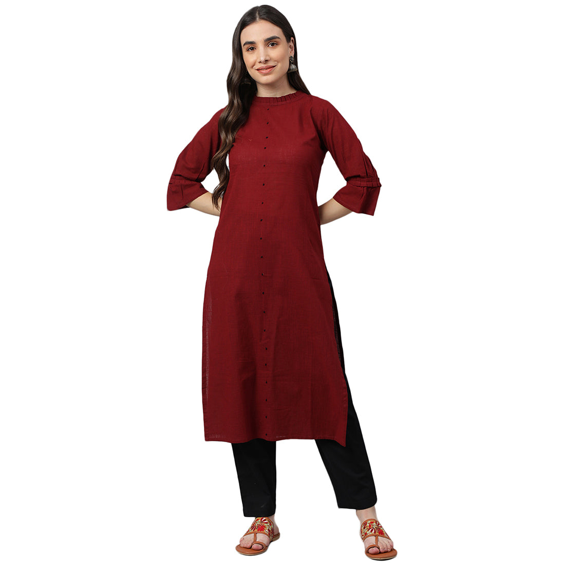 Idalia Maroon Straight Cotton Kurta with Black Pants