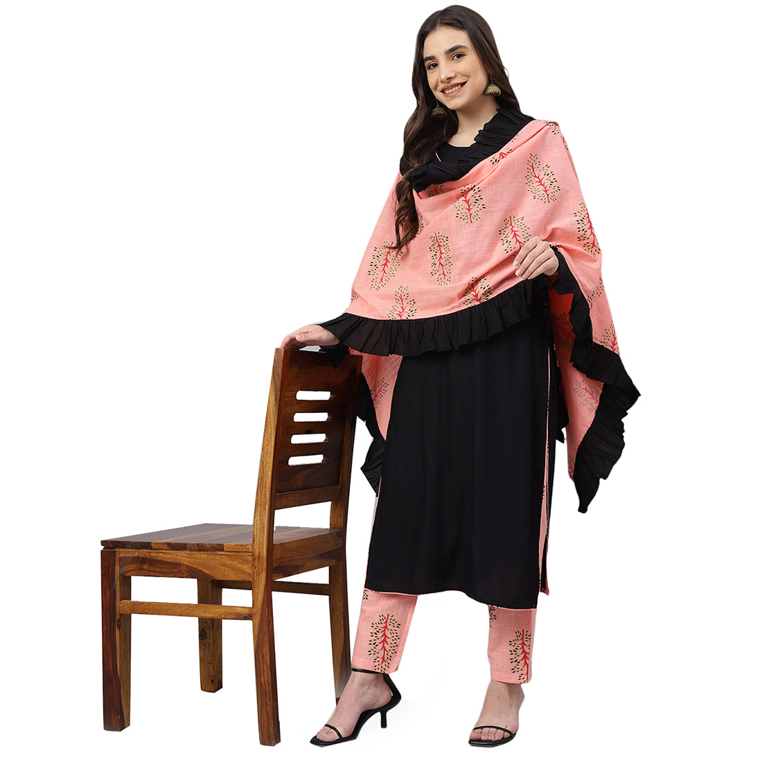 Idalia Black Rayon Kurta With Pink Printed Pants and Dupatta