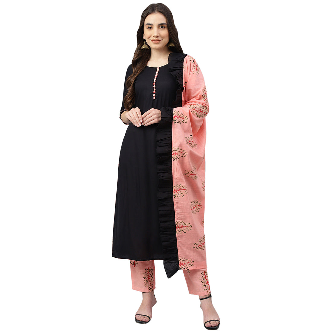 Idalia Black Rayon Kurta With Pink Printed Pants and Dupatta