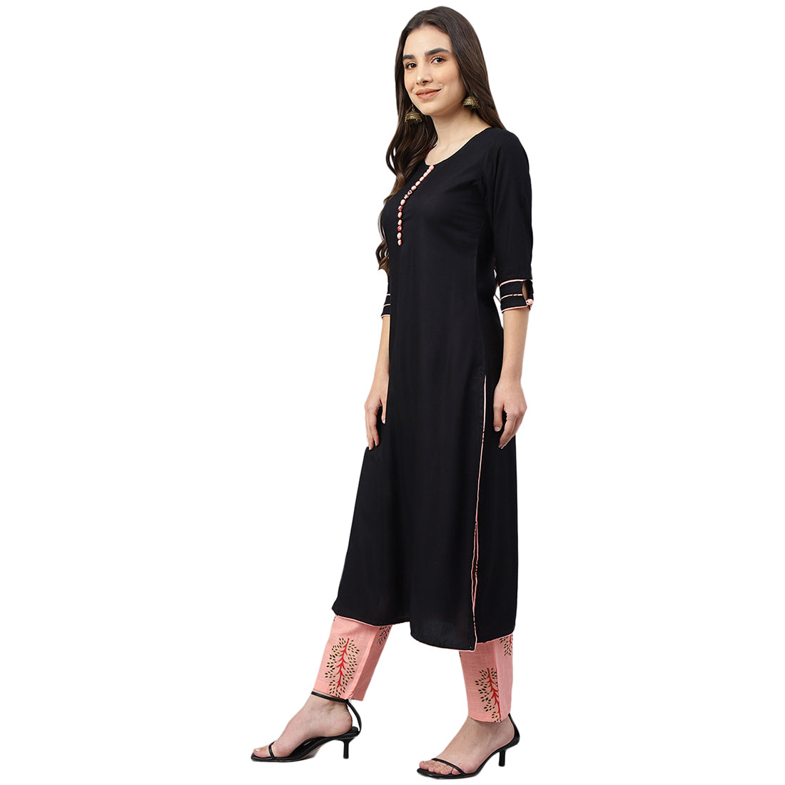Idalia Black Rayon Kurta With Pink Printed Pants and Dupatta