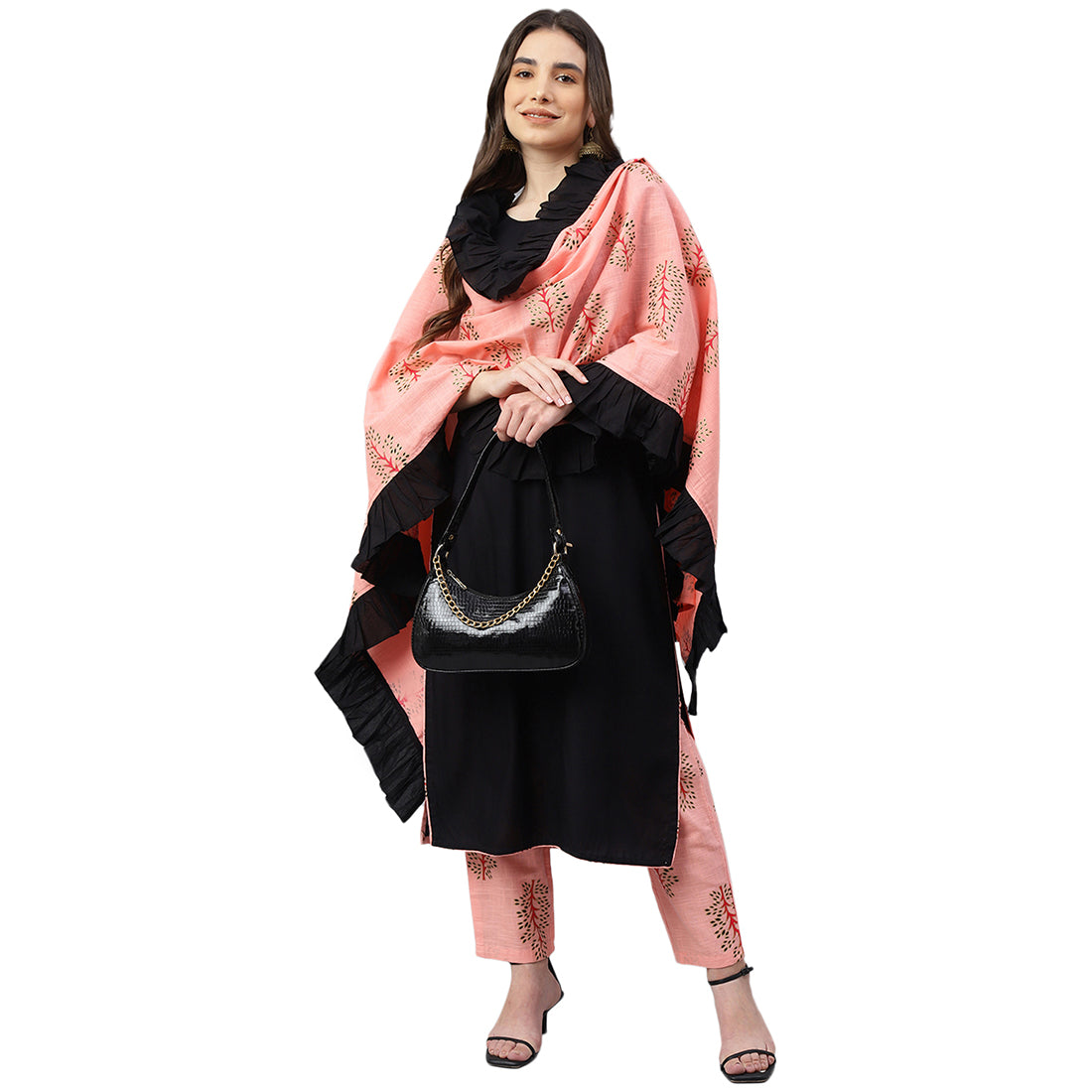 Idalia Black Rayon Kurta With Pink Printed Pants and Dupatta