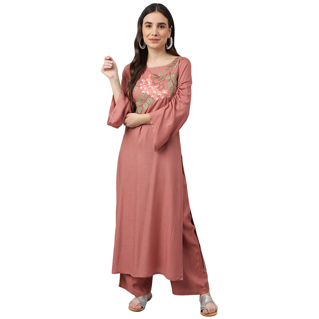 Idalia Rose Gold embroidered Straight Kurta With Palazzo Pants