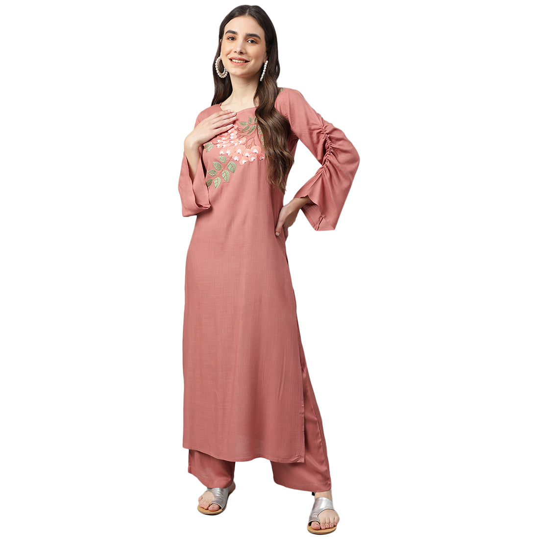 Idalia Rose Gold embroidered Straight Kurta With Palazzo Pants
