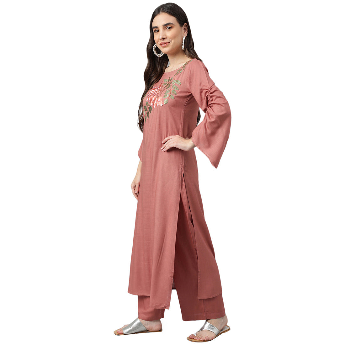 Idalia Rose Gold embroidered Straight Kurta With Palazzo Pants