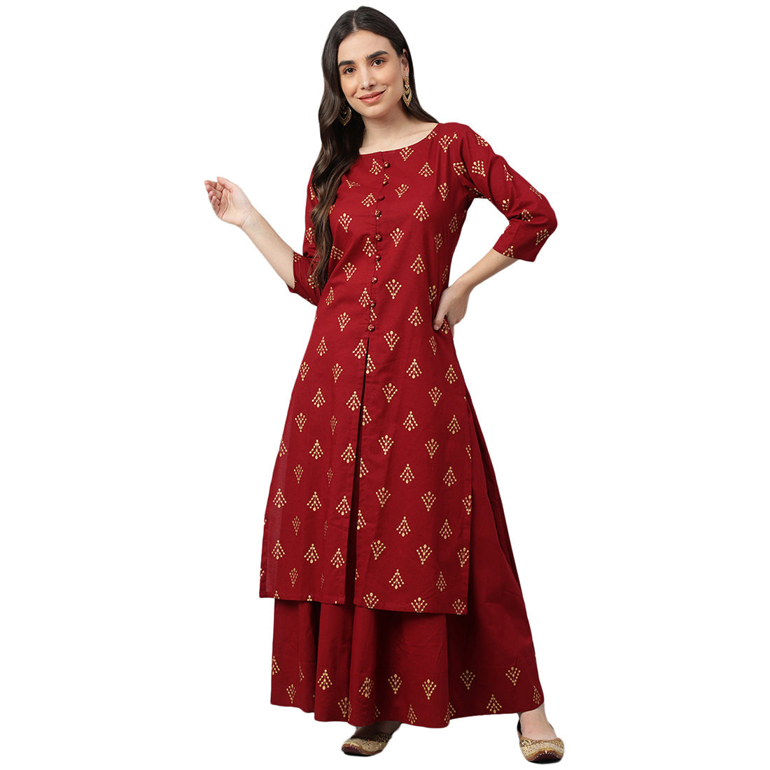 Idalia Printed Kurta With Maroon Cotton Skirt