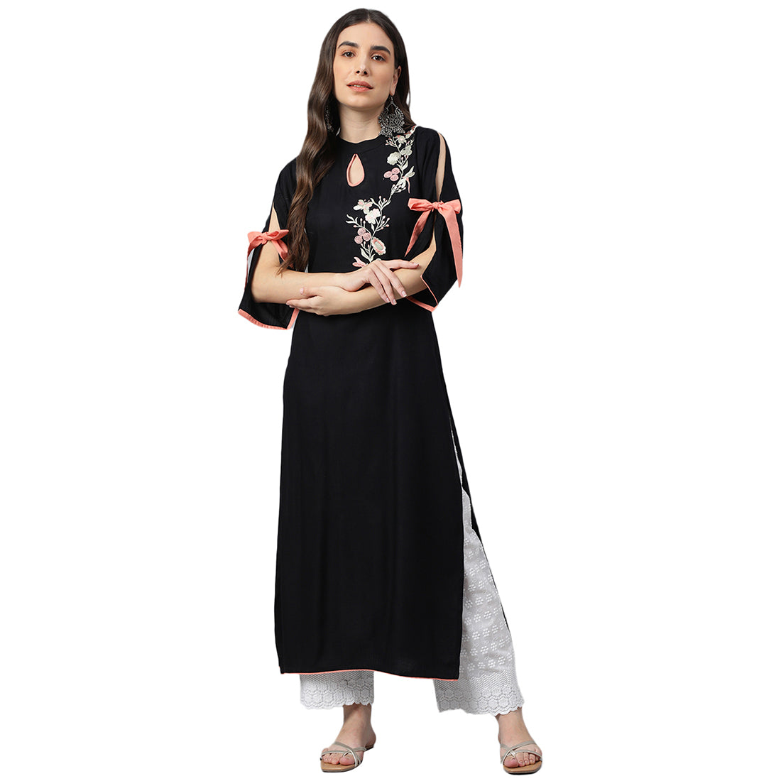 Idalia Floral Embroidered Slit Sleeves Keyhole Neck A-Line Kurta