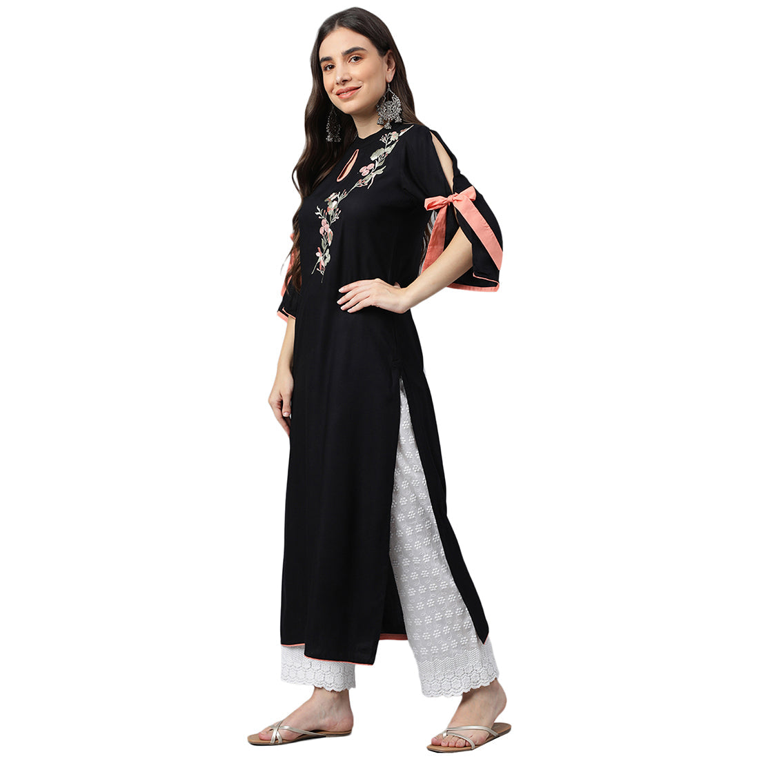 Idalia Floral Embroidered Slit Sleeves Keyhole Neck A-Line Kurta