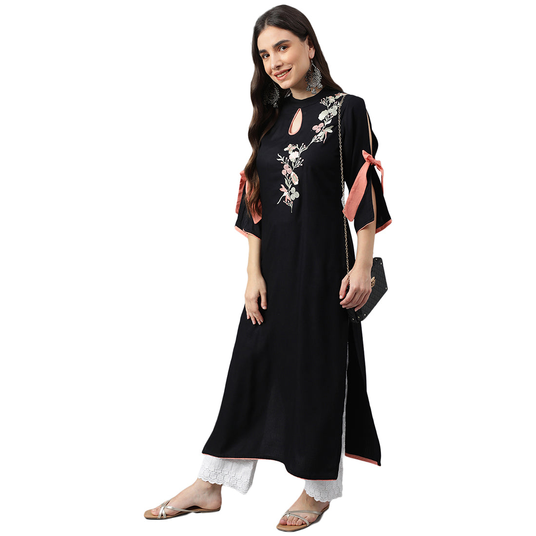 Idalia Floral Embroidered Slit Sleeves Keyhole Neck A-Line Kurta