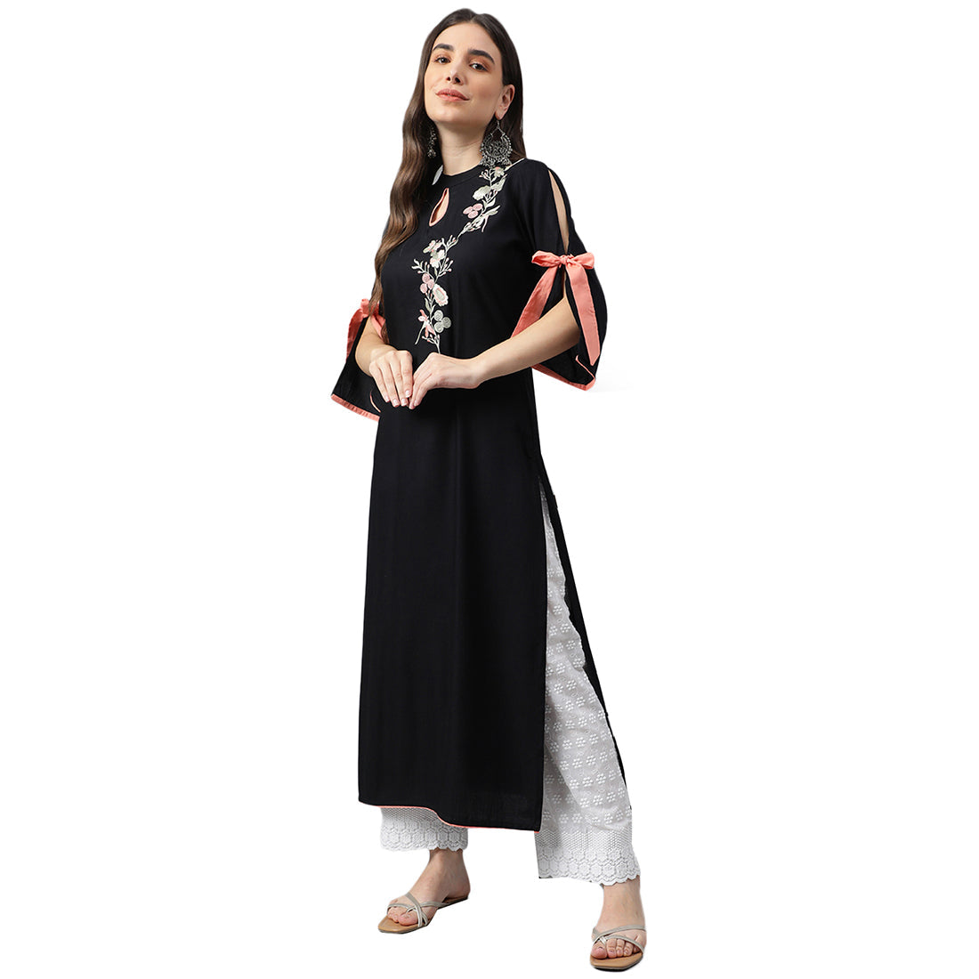 Idalia Floral Embroidered Slit Sleeves Keyhole Neck A-Line Kurta
