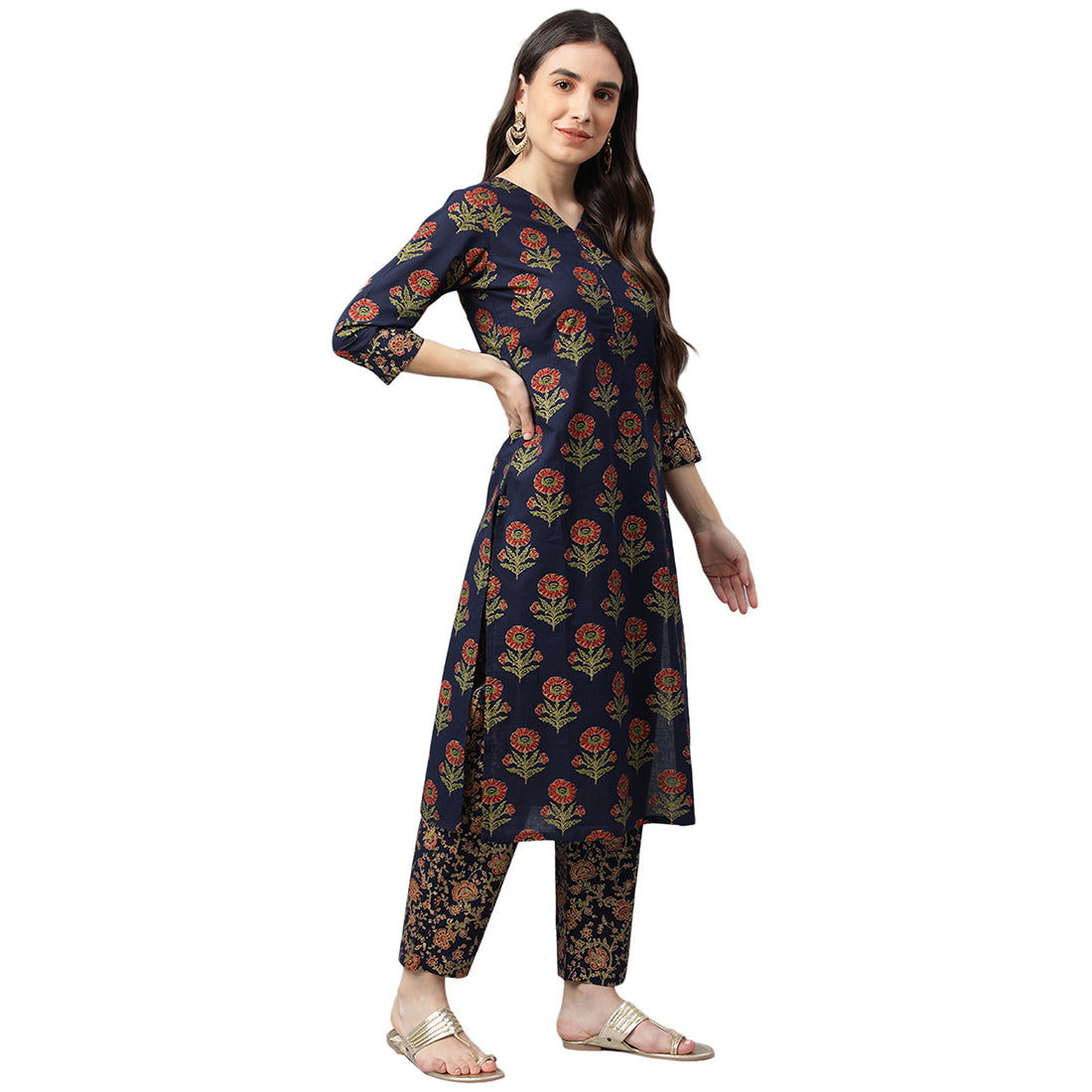 Idalia Navy Blue Gold Printed Cotton Kurta Set