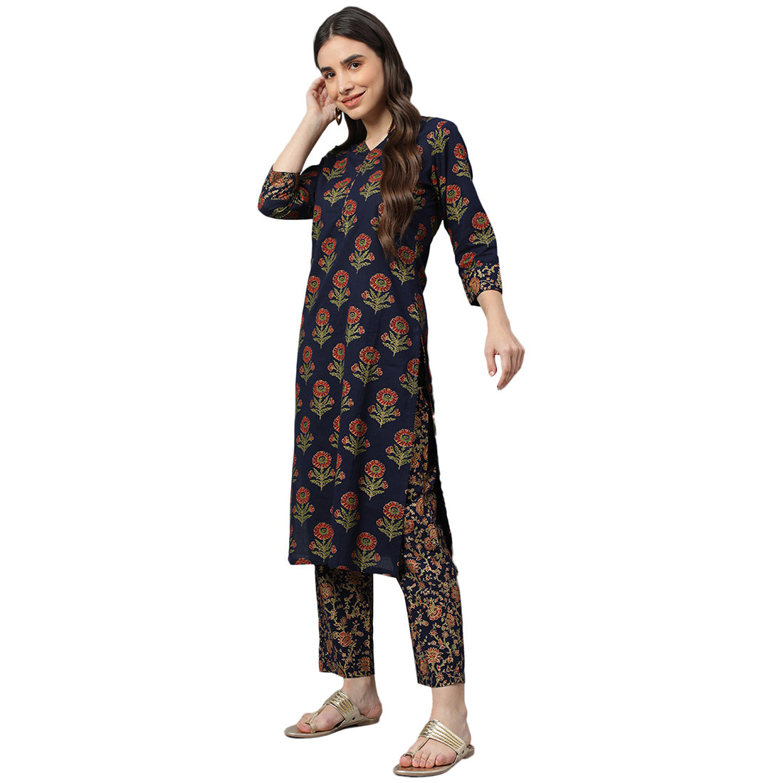 Idalia Navy Blue Gold Printed Cotton Kurta Set