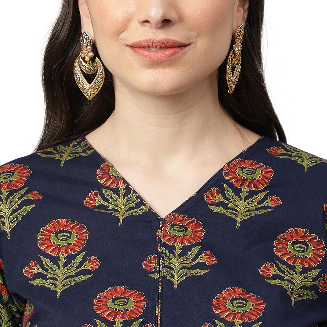 Idalia Navy Blue Gold Printed Cotton Kurta Set