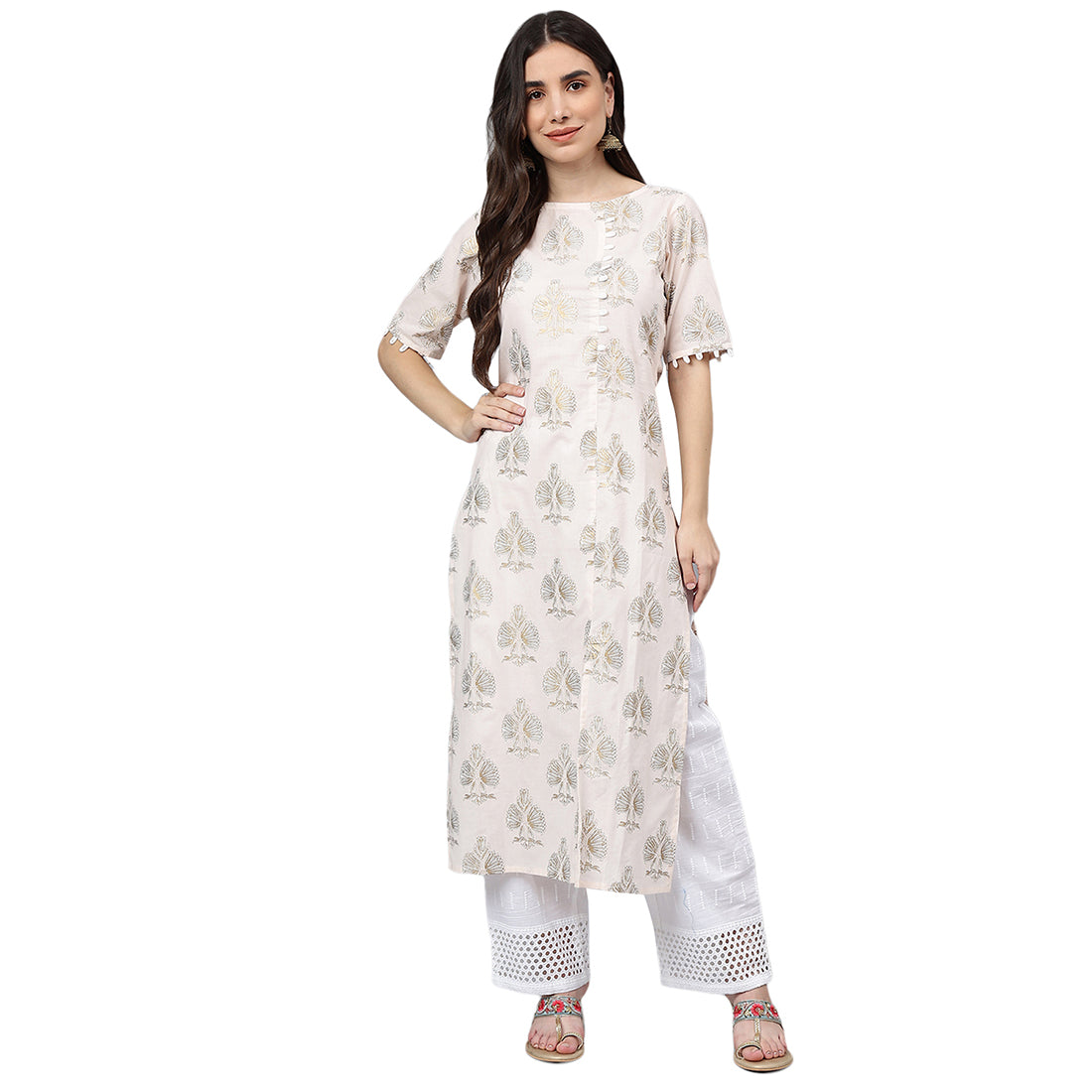 Idalia White Gold Print Kurta With Baby Pink Printed Palazzo
