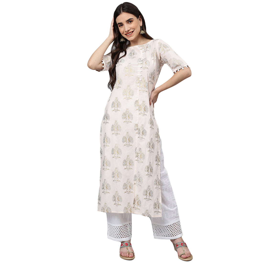 Idalia White Gold Print Kurta With Baby Pink Printed Palazzo