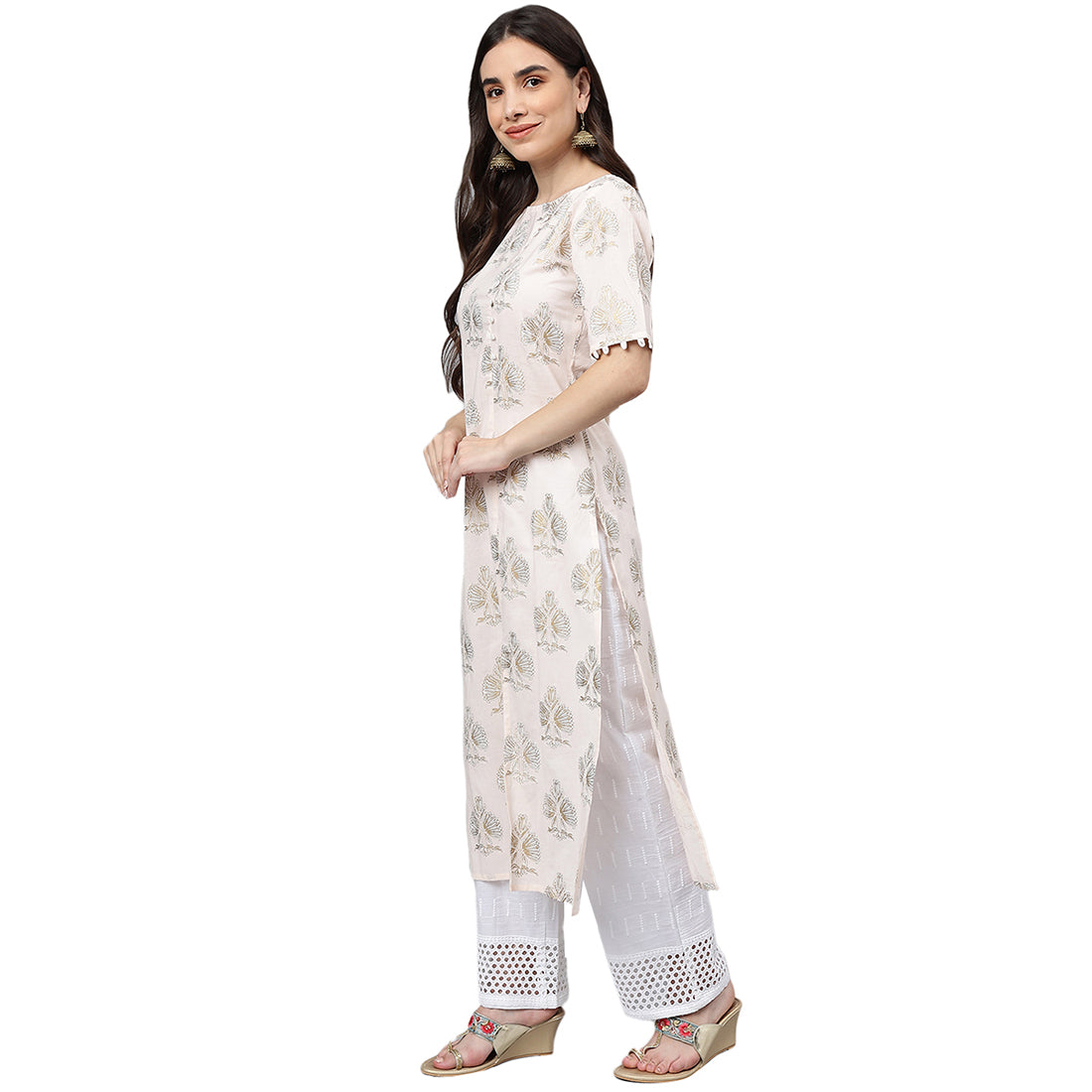 Idalia White Gold Print Kurta With Baby Pink Printed Palazzo