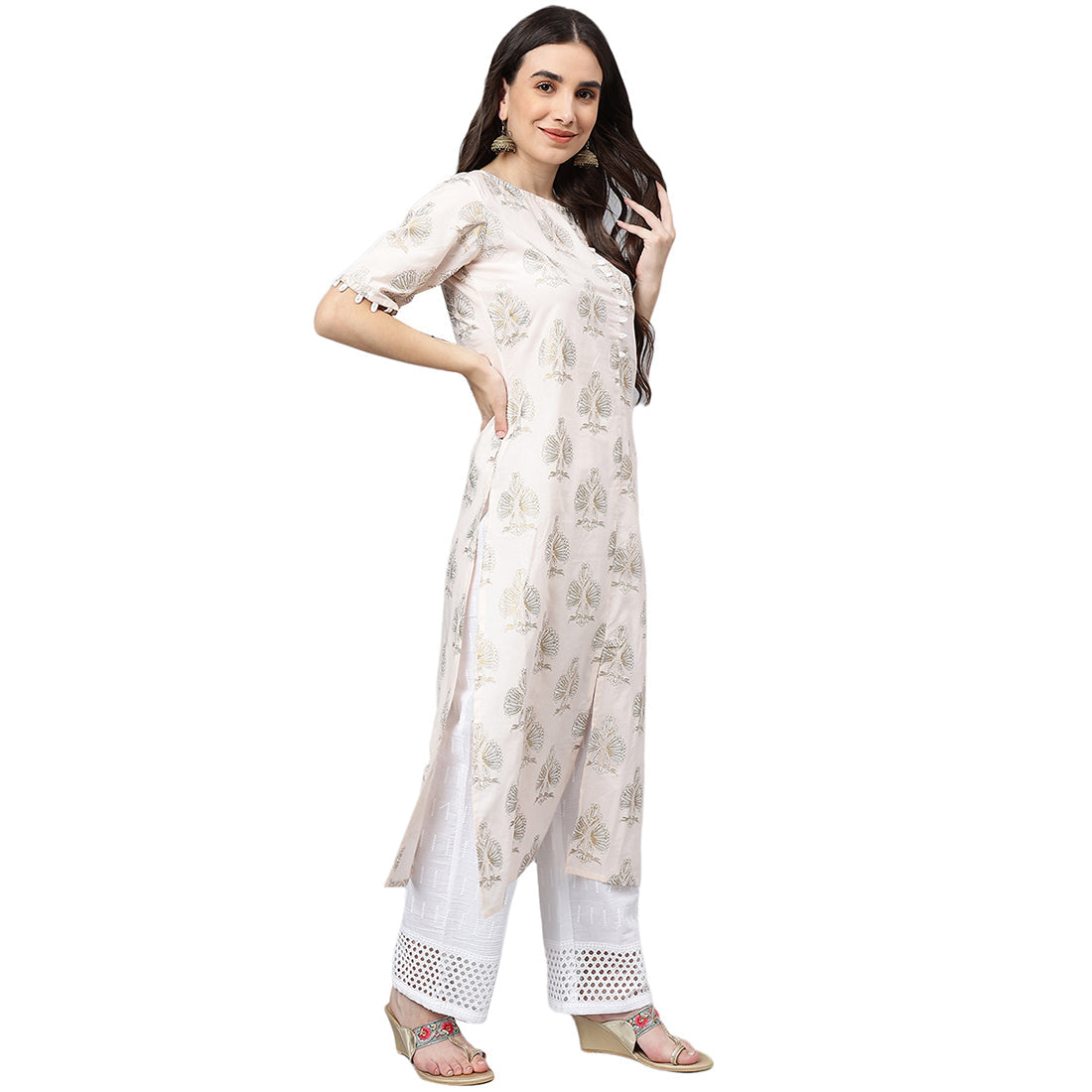 Idalia White Gold Print Kurta With Baby Pink Printed Palazzo