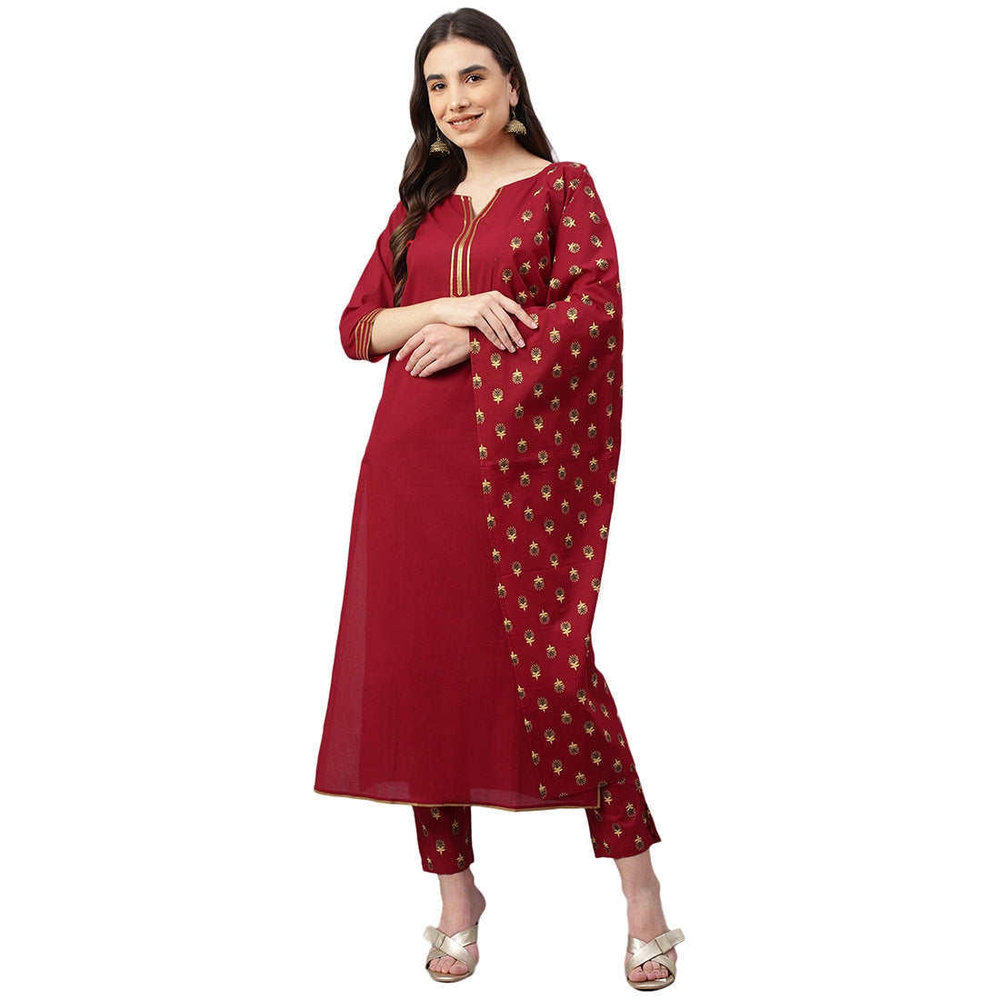 Idalia Maroon Cotton Kurta With Printed Pants & Dupatta