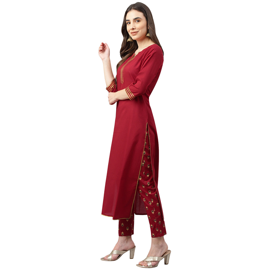 Idalia Maroon Cotton Kurta With Printed Pants & Dupatta