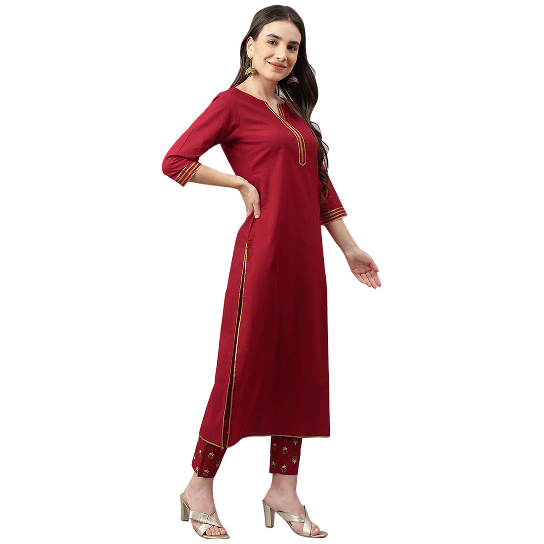 Idalia Maroon Cotton Kurta With Printed Pants & Dupatta