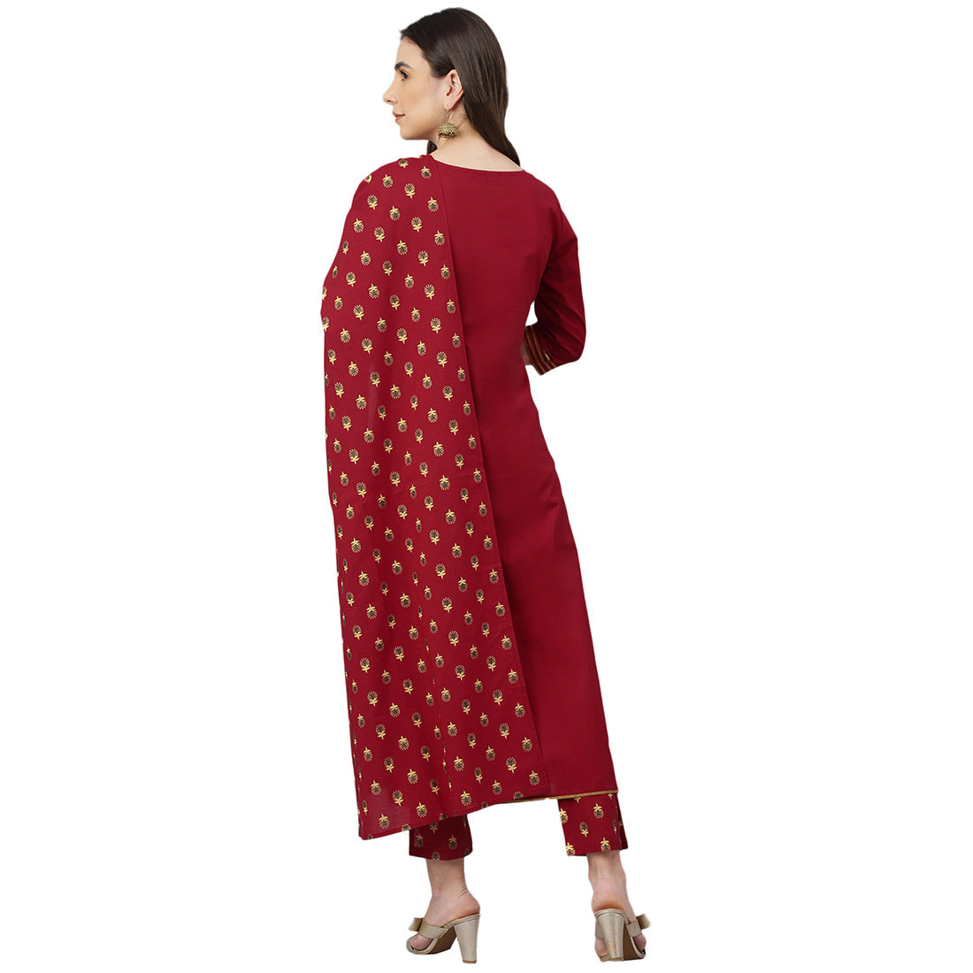 Idalia Maroon Cotton Kurta With Printed Pants & Dupatta