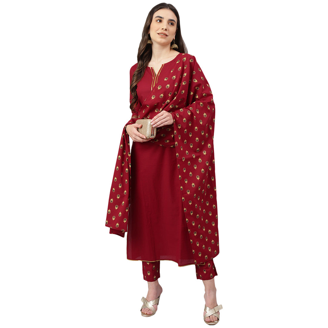 Idalia Maroon Cotton Kurta With Printed Pants & Dupatta