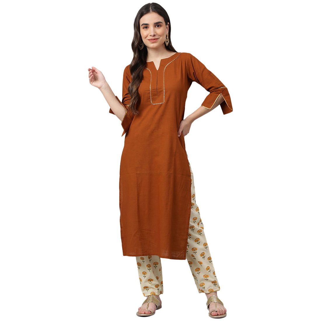 Idalia Solid Brown Cotton Kurta With Printed Pants
