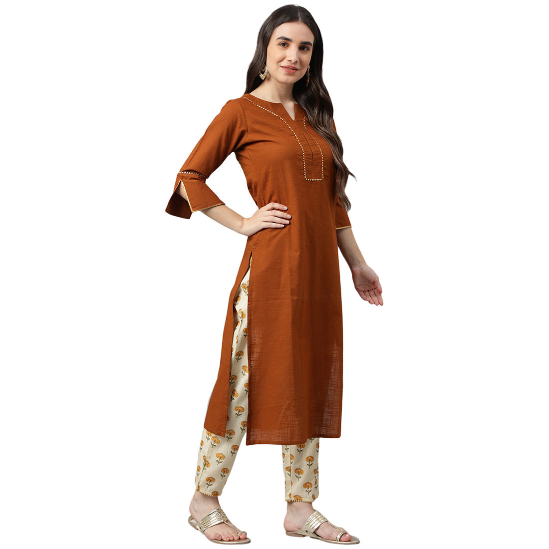 Idalia Solid Brown Cotton Kurta With Printed Pants