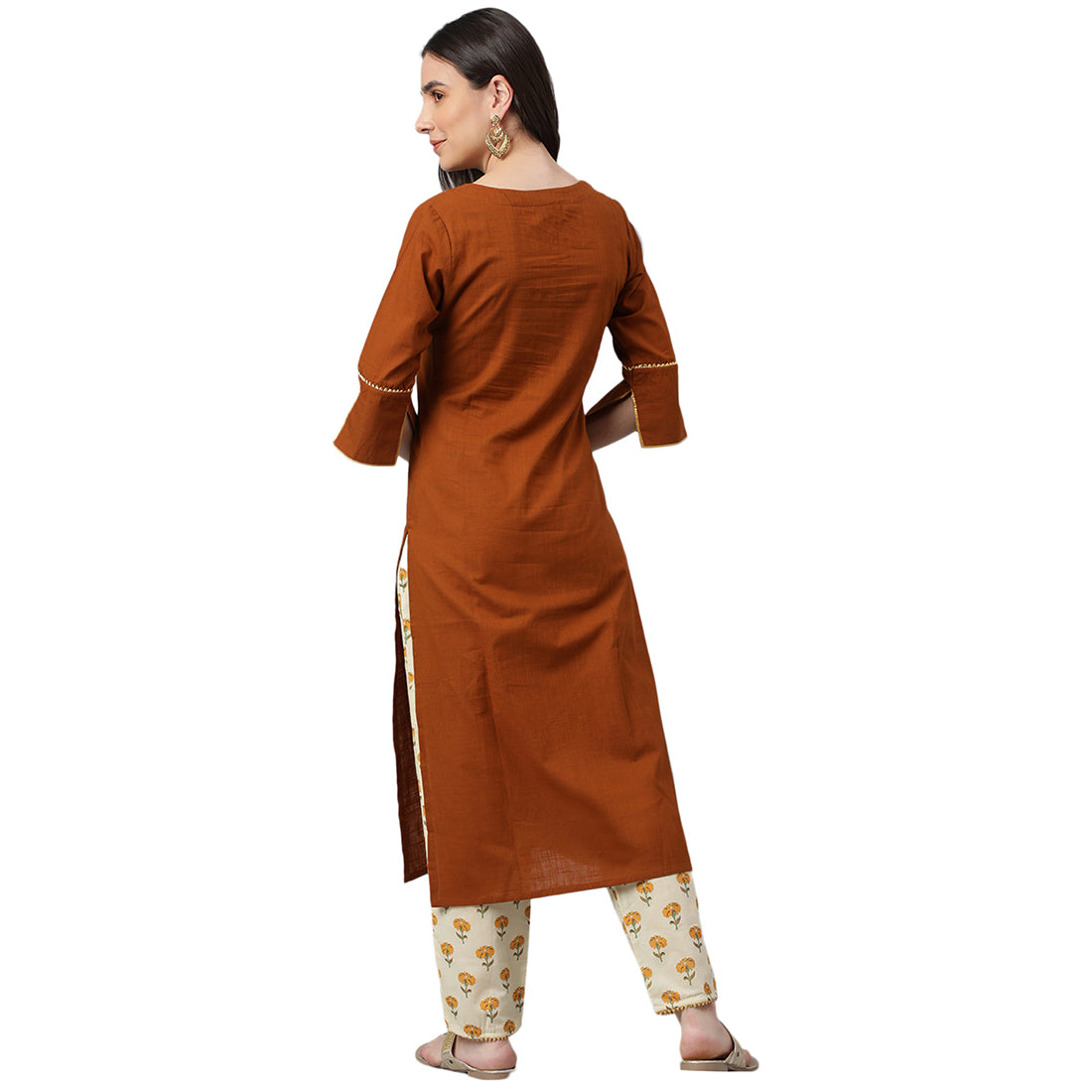 Idalia Solid Brown Cotton Kurta With Printed Pants
