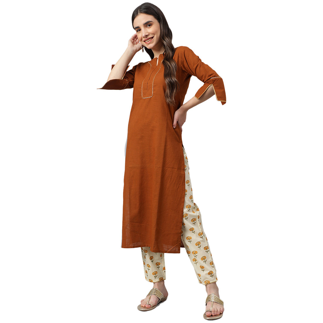 Idalia Solid Brown Cotton Kurta With Printed Pants