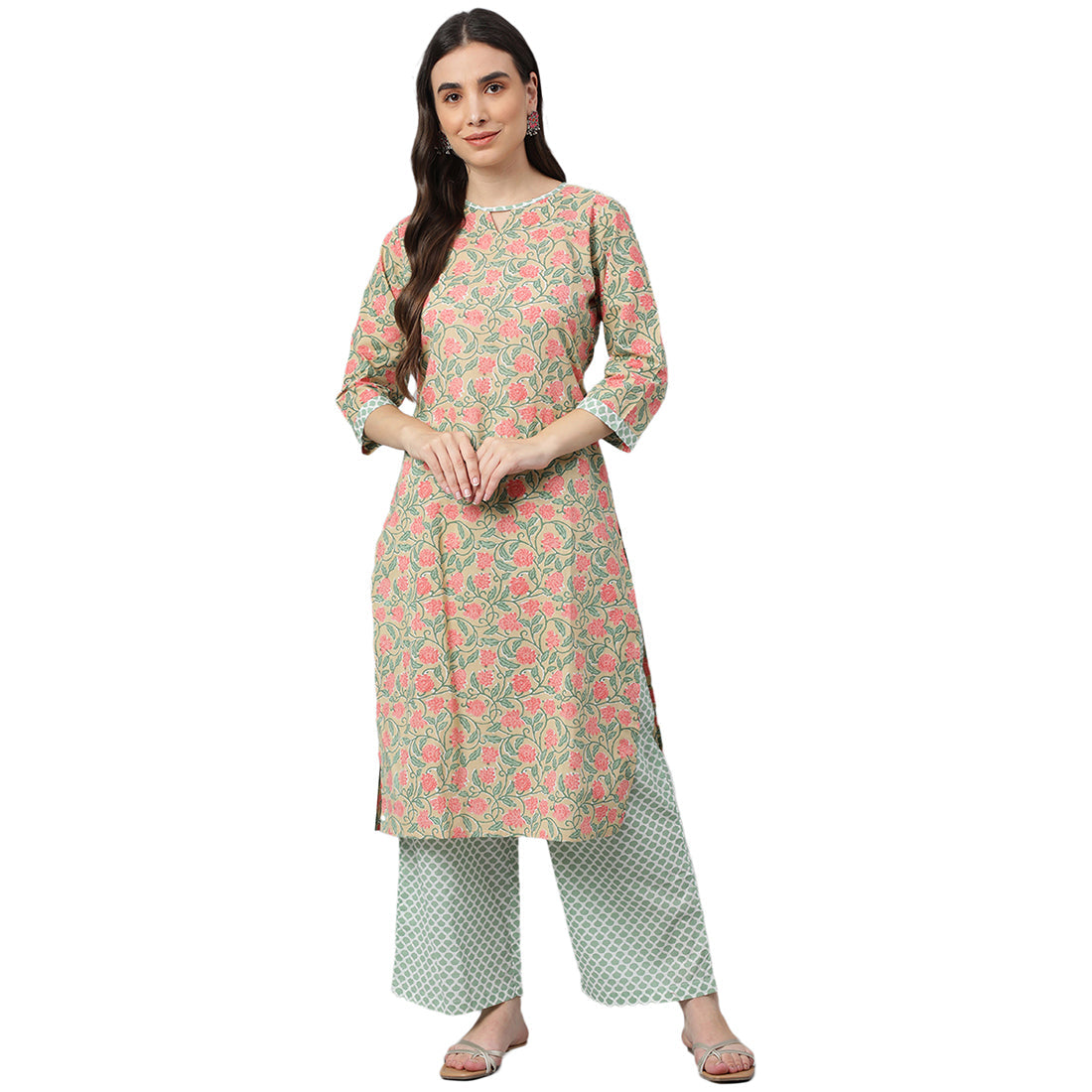Idalia Multicolor Printed Cotton Kurta With Dull Green Printed Palazzo Pants