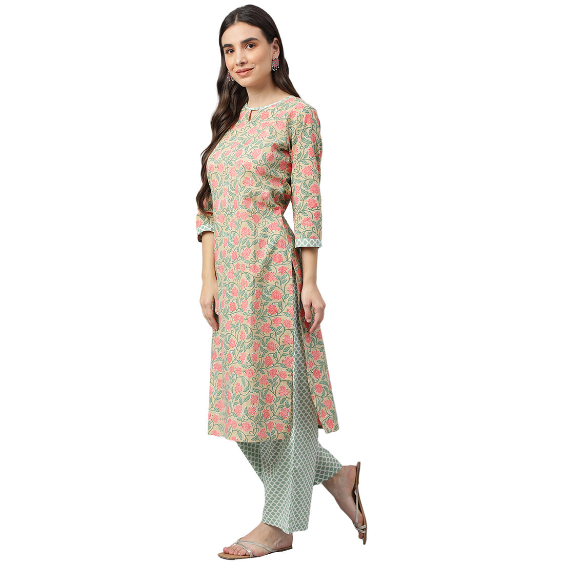 Idalia Multicolor Printed Cotton Kurta With Dull Green Printed Palazzo Pants