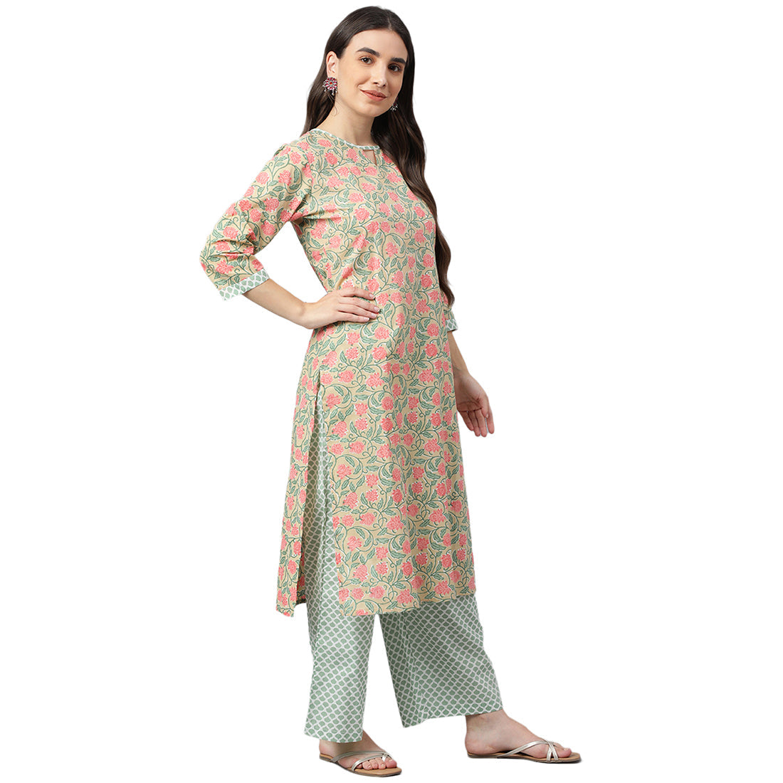 Idalia Multicolor Printed Cotton Kurta With Dull Green Printed Palazzo Pants