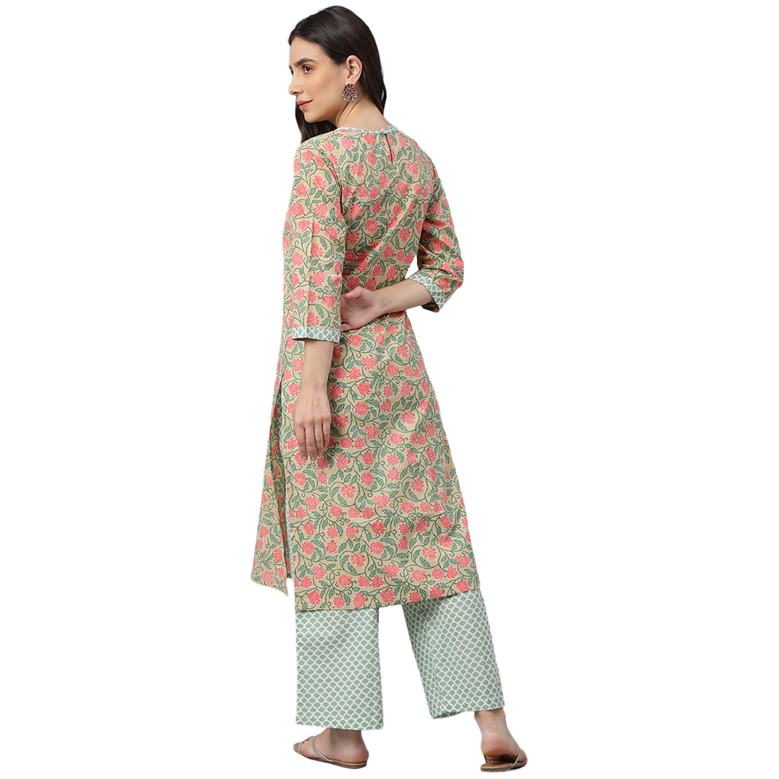 Idalia Multicolor Printed Cotton Kurta With Dull Green Printed Palazzo Pants