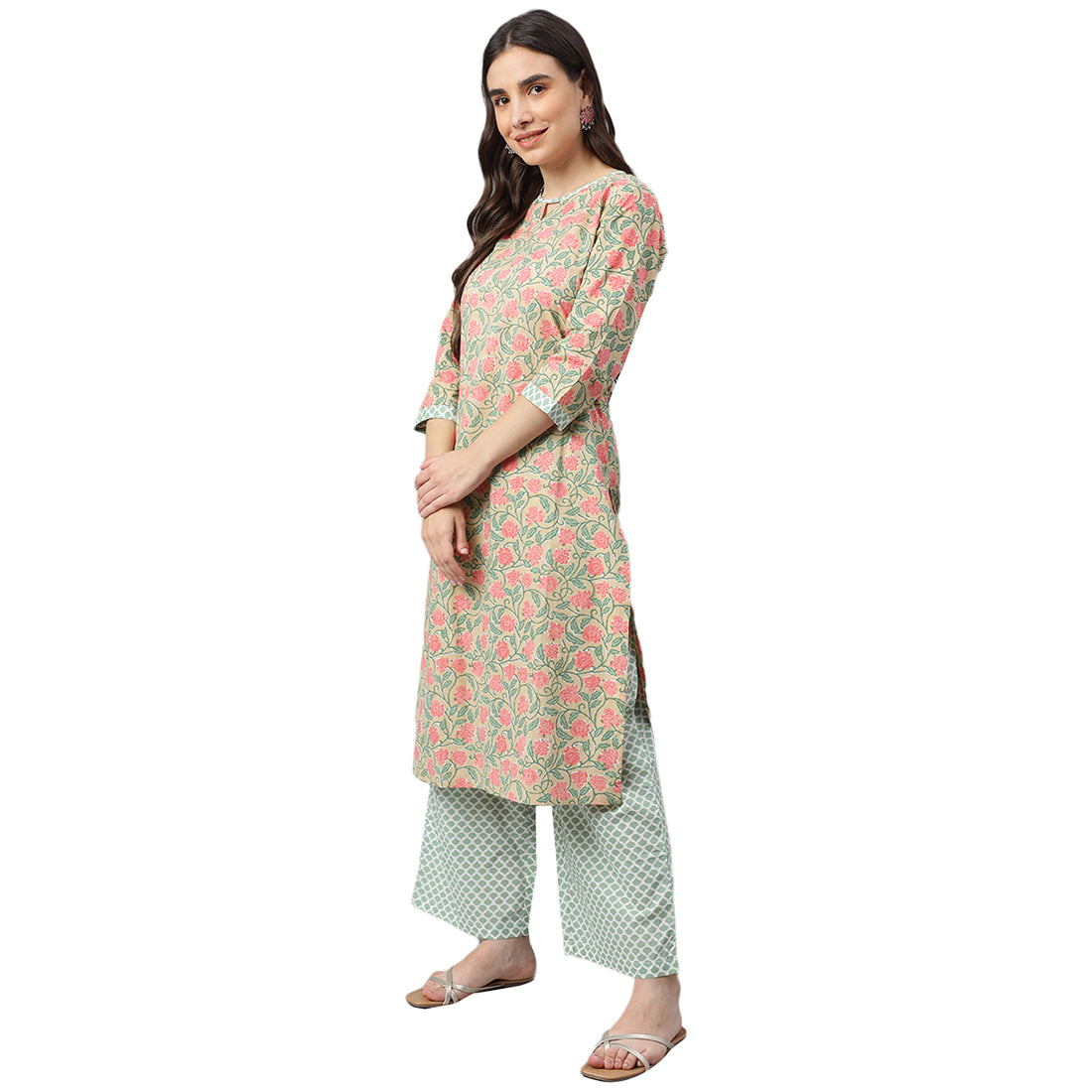 Idalia Multicolor Printed Cotton Kurta With Dull Green Printed Palazzo Pants