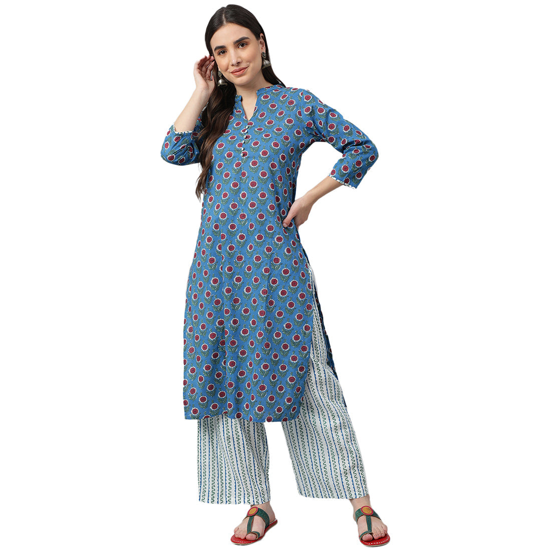 Idalia Royal Blue Printed Kurta With White Printed Palazzo Pants