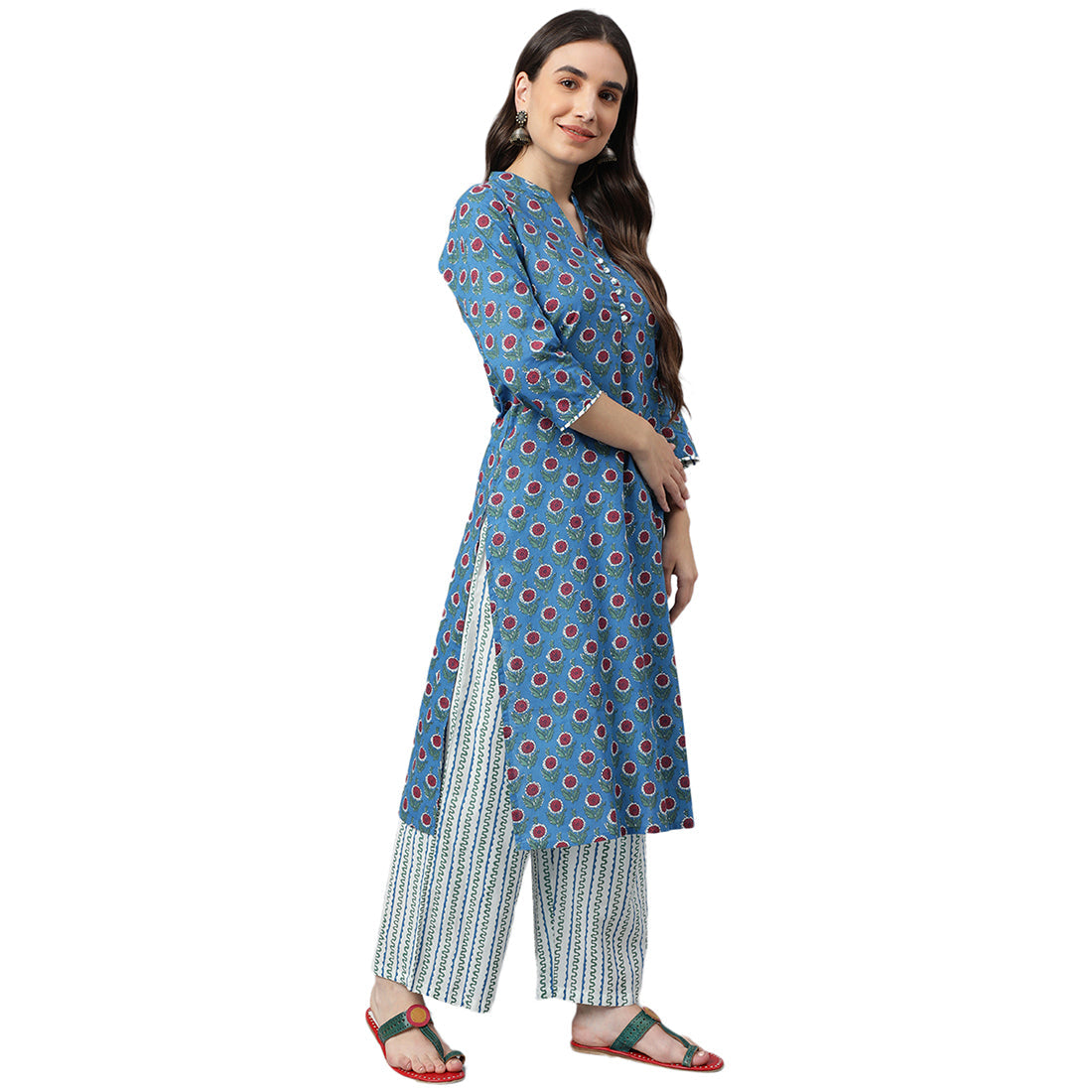 Idalia Royal Blue Printed Kurta With White Printed Palazzo Pants