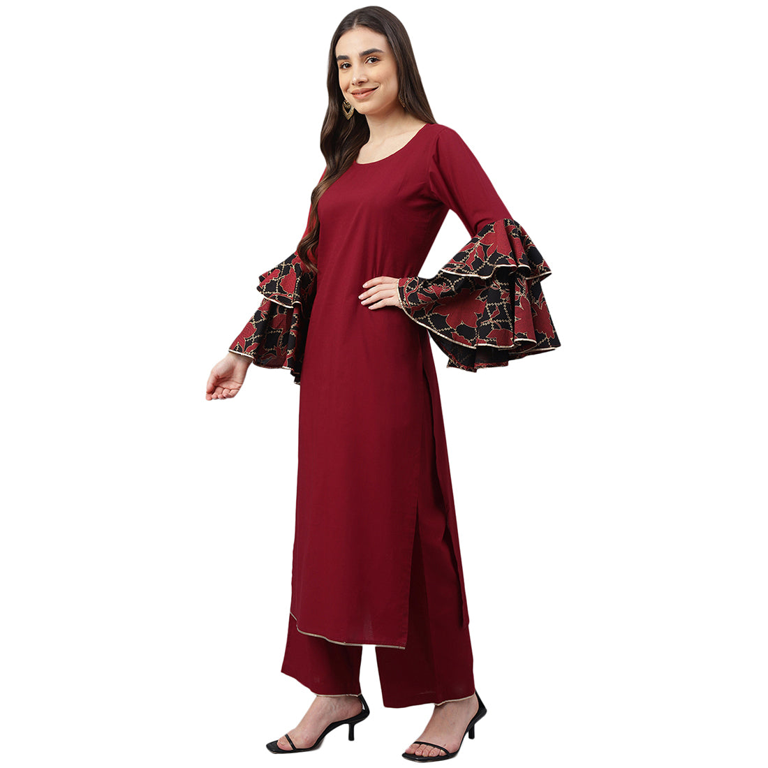 Idalia Maroon Cotton Kurta With Palazzo Pants and Printed Dupatta