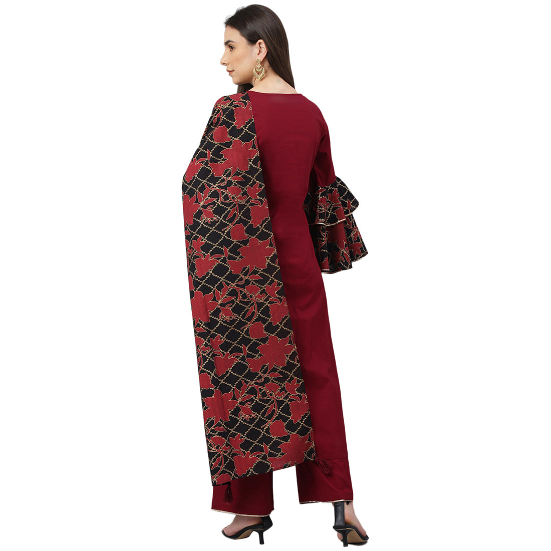 Idalia Maroon Cotton Kurta With Palazzo Pants and Printed Dupatta