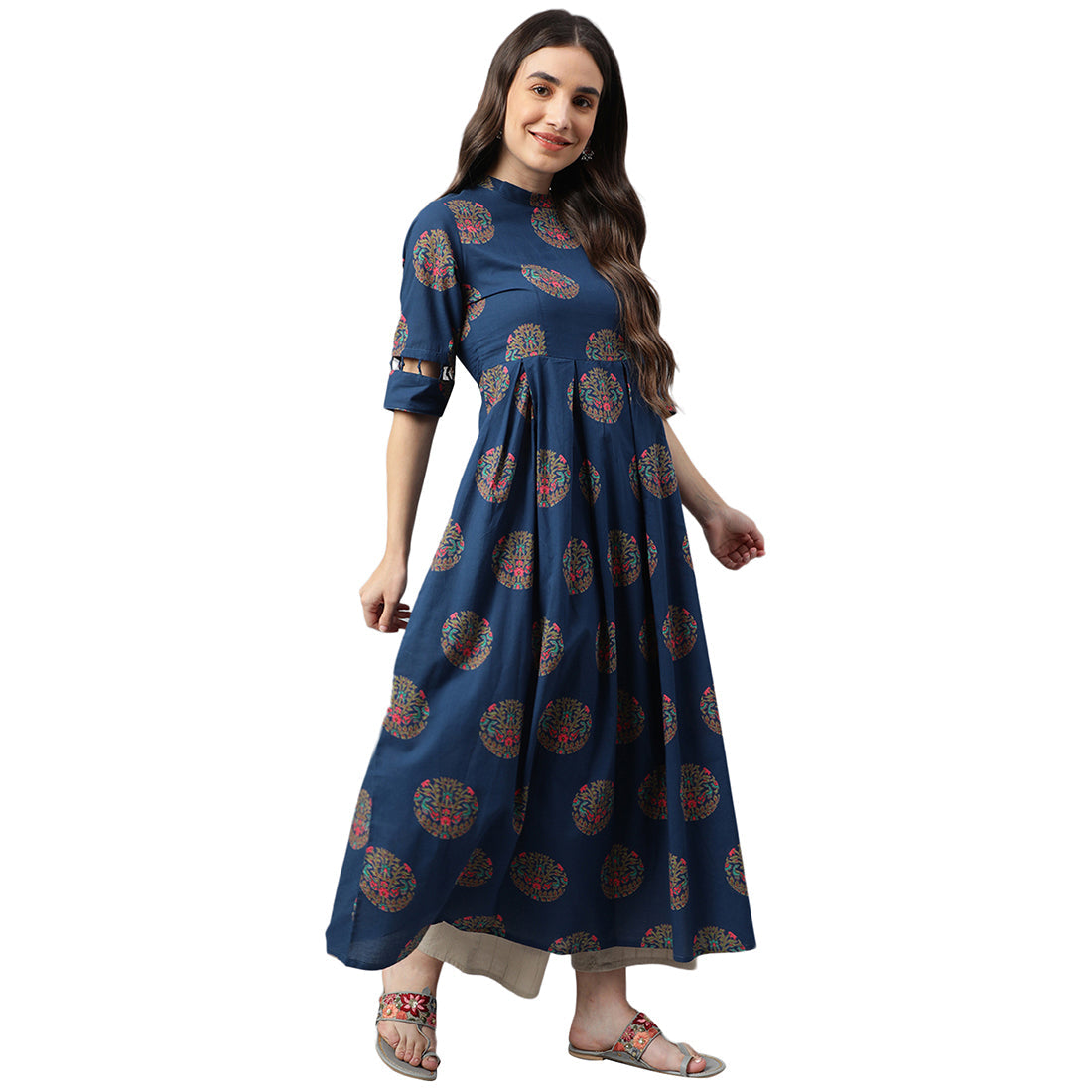 Idalia Blue Box Pleated Cotton Kurta