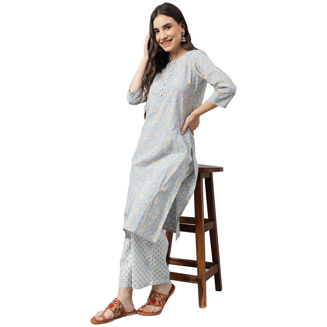 Idalia Sage Blue Printed Cotton Kurta With White Printed Palazzo Pants