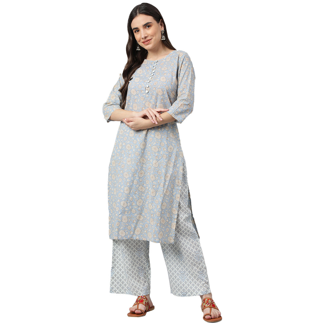 Idalia Sage Blue Printed Cotton Kurta With White Printed Palazzo Pants