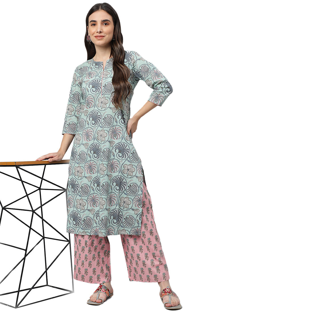 Idalia Sky Blue Printed Cotton KurtaWith Bright Pink Printed Palazzo Pants
