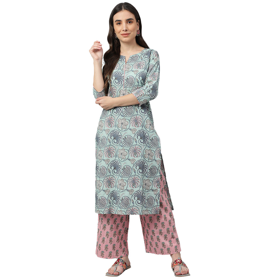 Idalia Sky Blue Printed Cotton KurtaWith Bright Pink Printed Palazzo Pants