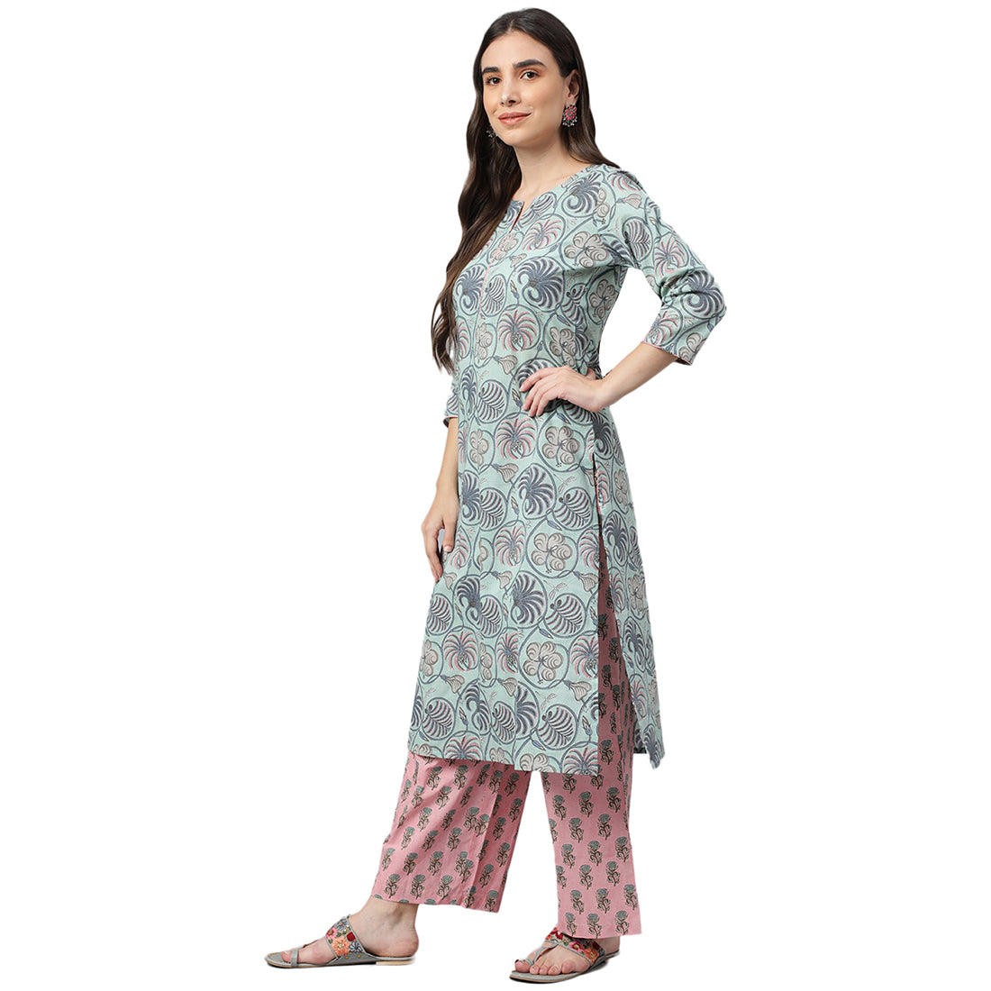 Idalia Sky Blue Printed Cotton KurtaWith Bright Pink Printed Palazzo Pants